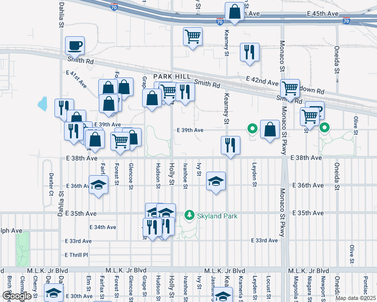 map of restaurants, bars, coffee shops, grocery stores, and more near 3695 Ivy Street in Denver