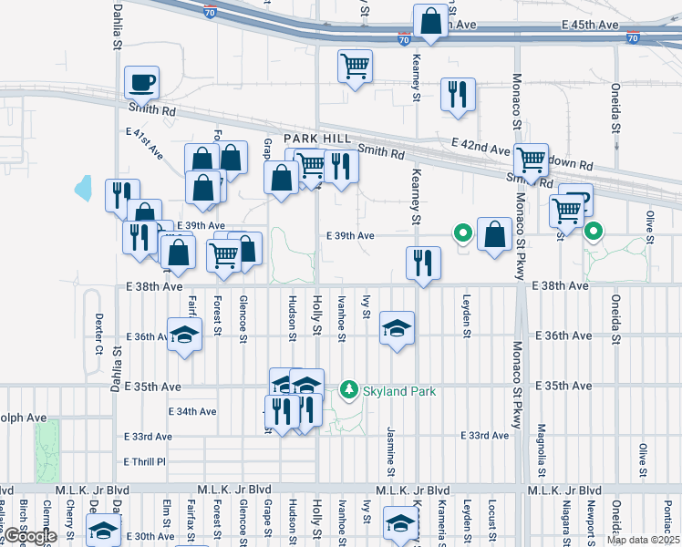 map of restaurants, bars, coffee shops, grocery stores, and more near 3695 Ivy Street in Denver