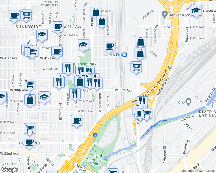 map of restaurants, bars, coffee shops, grocery stores, and more near 3815 Jason Street in Denver