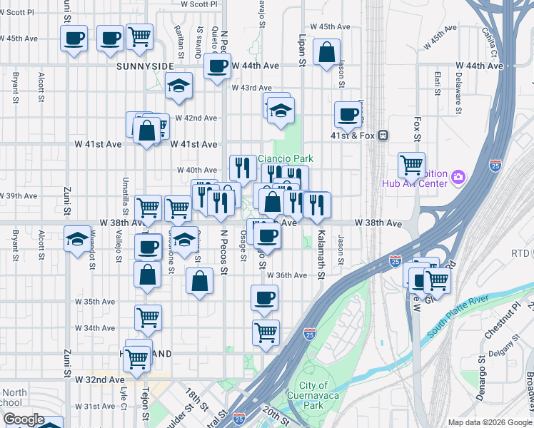 map of restaurants, bars, coffee shops, grocery stores, and more near in Denver
