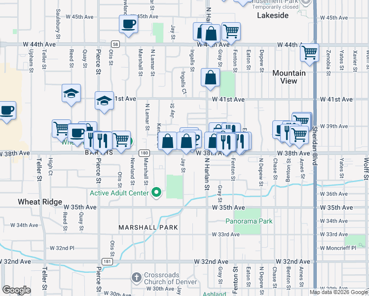 map of restaurants, bars, coffee shops, grocery stores, and more near 6145 County Road 180 in Wheat Ridge