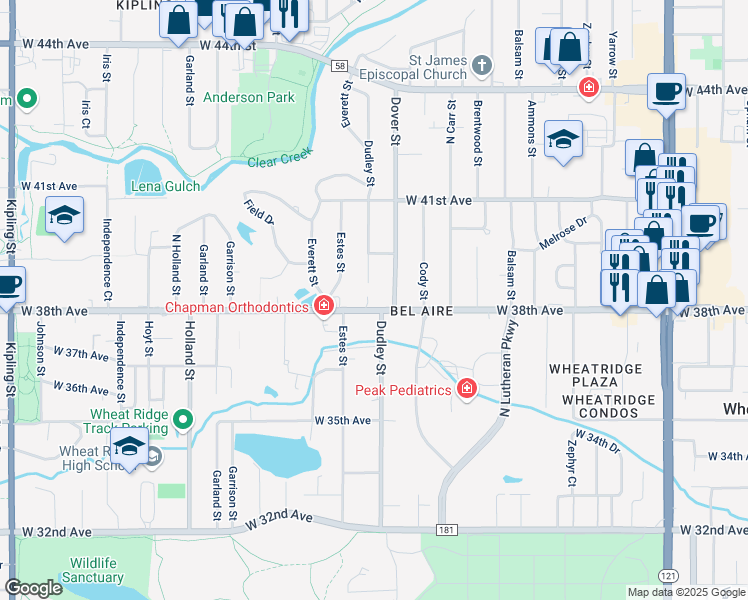 map of restaurants, bars, coffee shops, grocery stores, and more near 8701 West 38th Avenue in Wheat Ridge