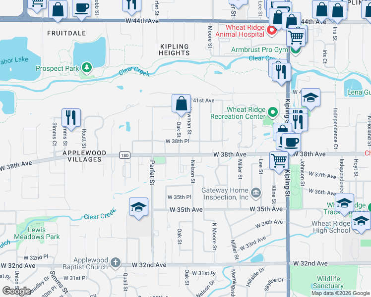 map of restaurants, bars, coffee shops, grocery stores, and more near 10723 West 38th Avenue in Wheat Ridge