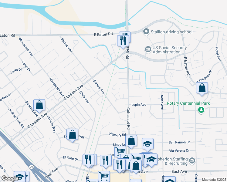map of restaurants, bars, coffee shops, grocery stores, and more near 20 Coral Circle in Chico
