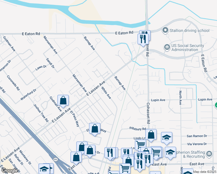 map of restaurants, bars, coffee shops, grocery stores, and more near 12 Scenic Lane in Chico