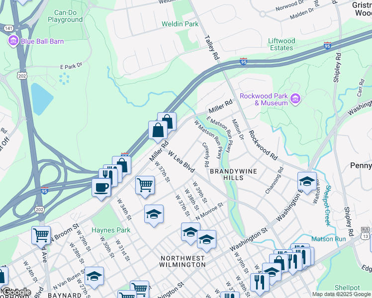 map of restaurants, bars, coffee shops, grocery stores, and more near 4005 Coleridge Road in Wilmington