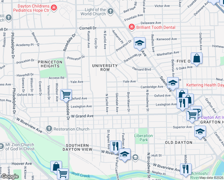 map of restaurants, bars, coffee shops, grocery stores, and more near 321 Oxford Avenue in Dayton