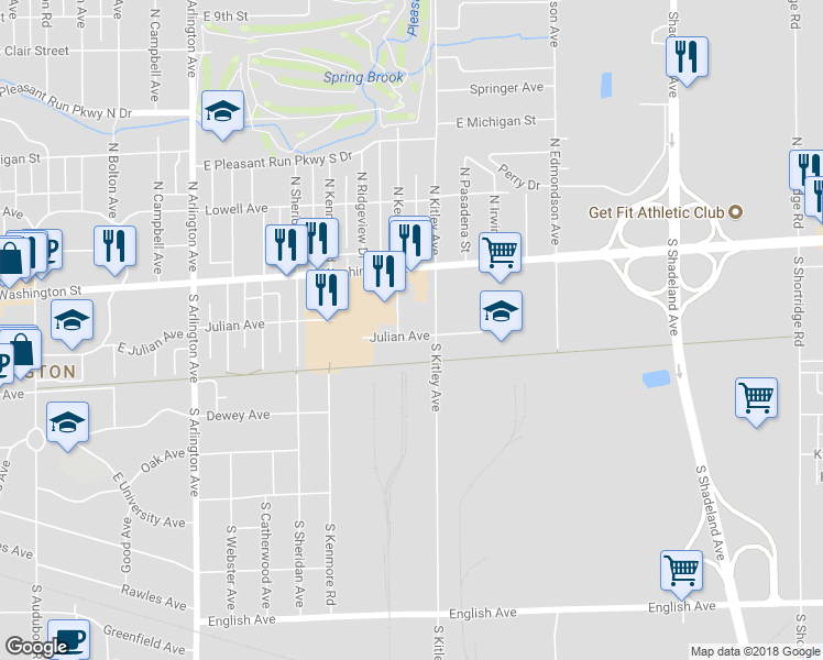 map of restaurants, bars, coffee shops, grocery stores, and more near 6500 Julian Avenue in Indianapolis