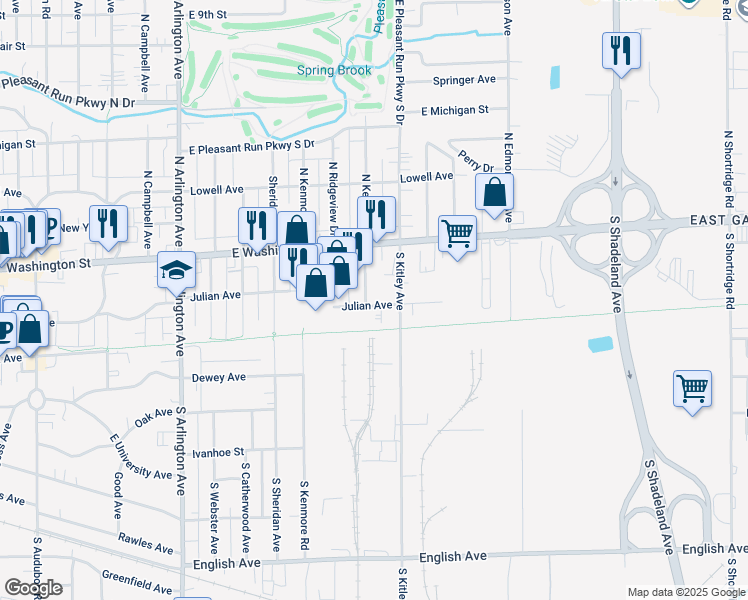 map of restaurants, bars, coffee shops, grocery stores, and more near 6501 Julian Avenue in Indianapolis