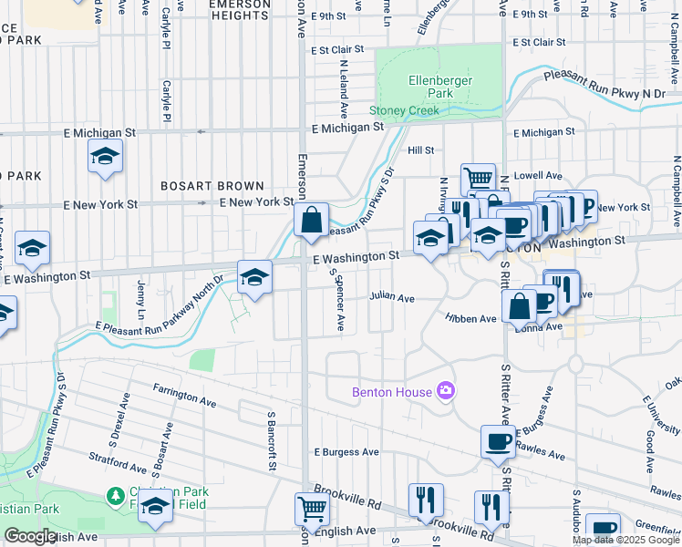 map of restaurants, bars, coffee shops, grocery stores, and more near 24 South Spencer Avenue in Indianapolis