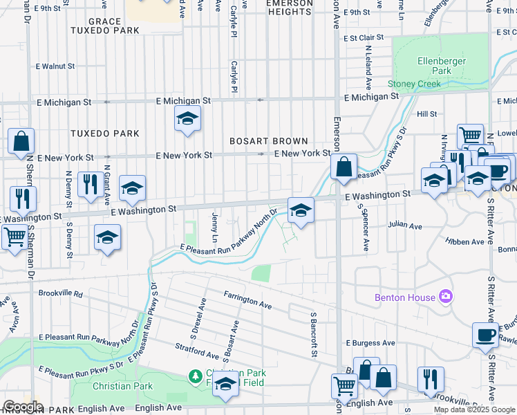 map of restaurants, bars, coffee shops, grocery stores, and more near 4815 East Washington Street in Indianapolis