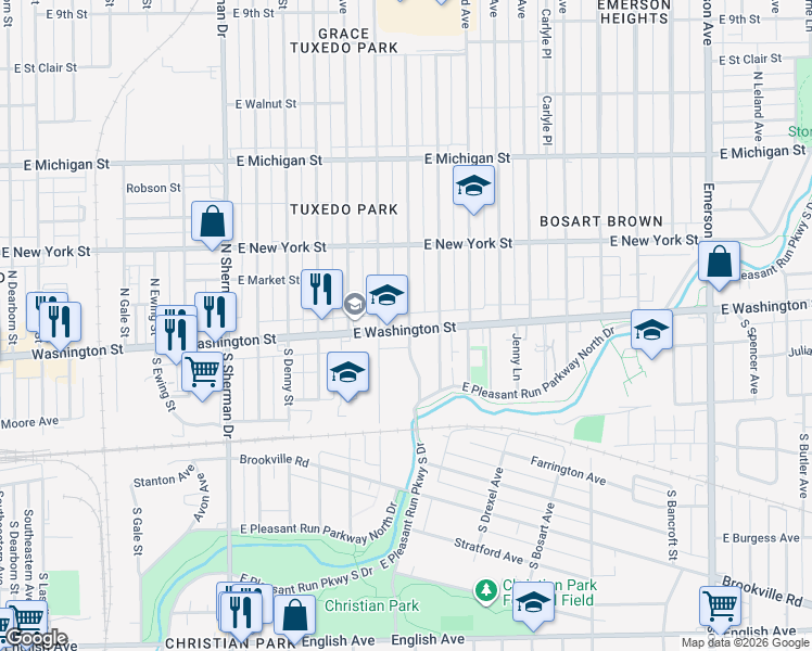 map of restaurants, bars, coffee shops, grocery stores, and more near 4214 East Washington Street in Indianapolis