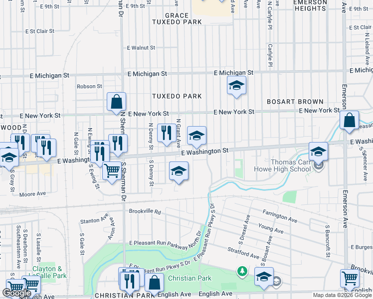 map of restaurants, bars, coffee shops, grocery stores, and more near 4110 East Washington Street in Indianapolis