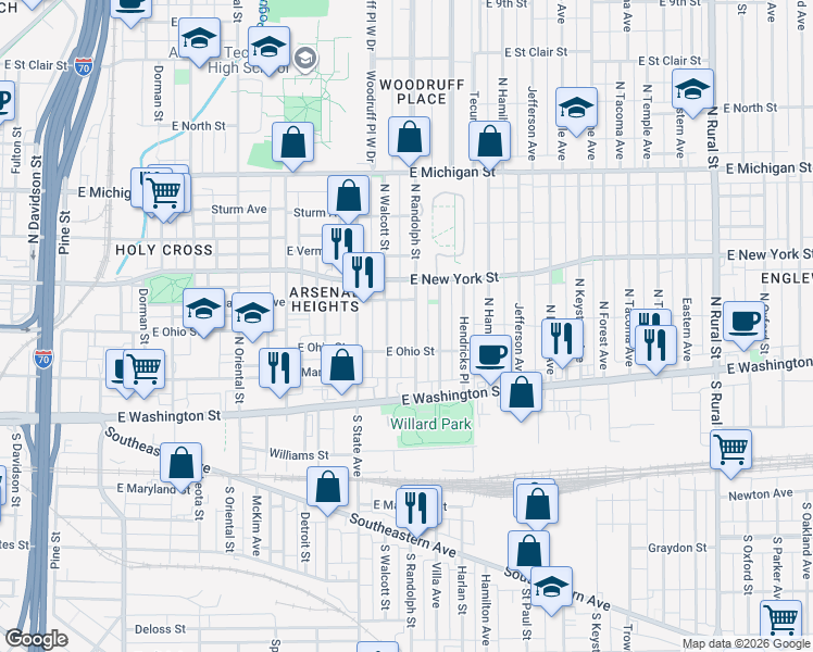 map of restaurants, bars, coffee shops, grocery stores, and more near 216 North Randolph Street in Indianapolis