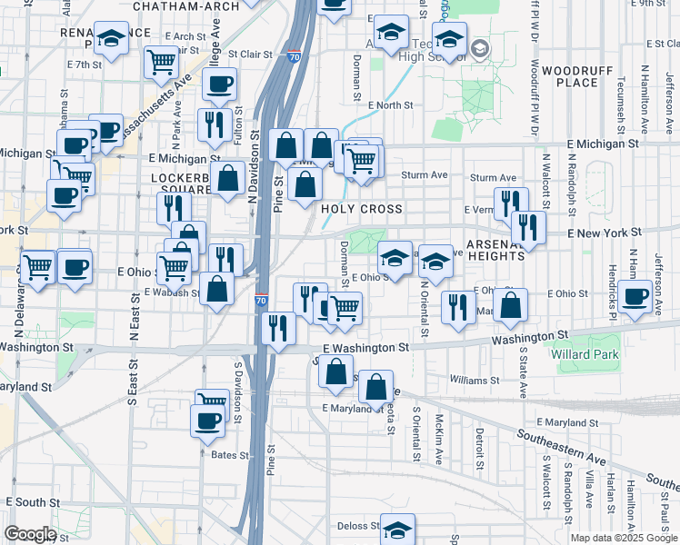map of restaurants, bars, coffee shops, grocery stores, and more near in Indianapolis