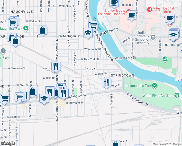 map of restaurants, bars, coffee shops, grocery stores, and more near 1648 West Ohio Street in Indianapolis