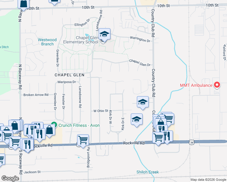 map of restaurants, bars, coffee shops, grocery stores, and more near 305 Kirk Drive West in Indianapolis
