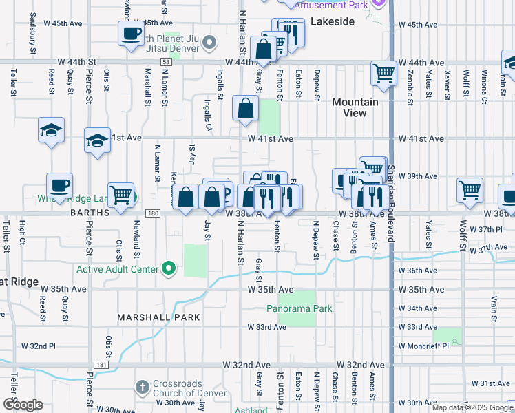 map of restaurants, bars, coffee shops, grocery stores, and more near 5883 West 38th Avenue in Wheat Ridge