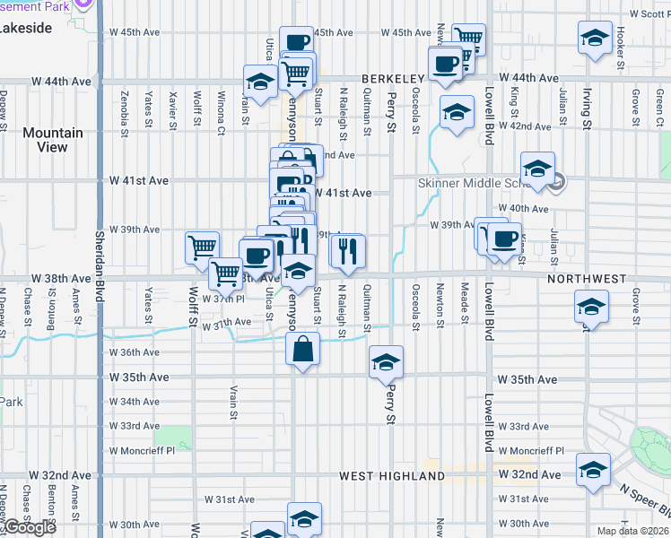 map of restaurants, bars, coffee shops, grocery stores, and more near 4209 West 38th Avenue in Denver