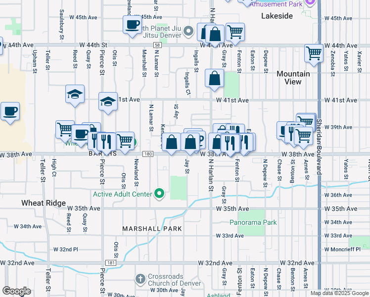 map of restaurants, bars, coffee shops, grocery stores, and more near 6145 County Road 180 in Wheat Ridge