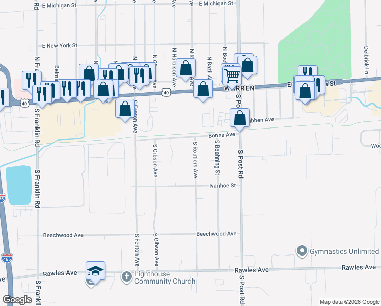 map of restaurants, bars, coffee shops, grocery stores, and more near 210 South Routiers Avenue in Indianapolis