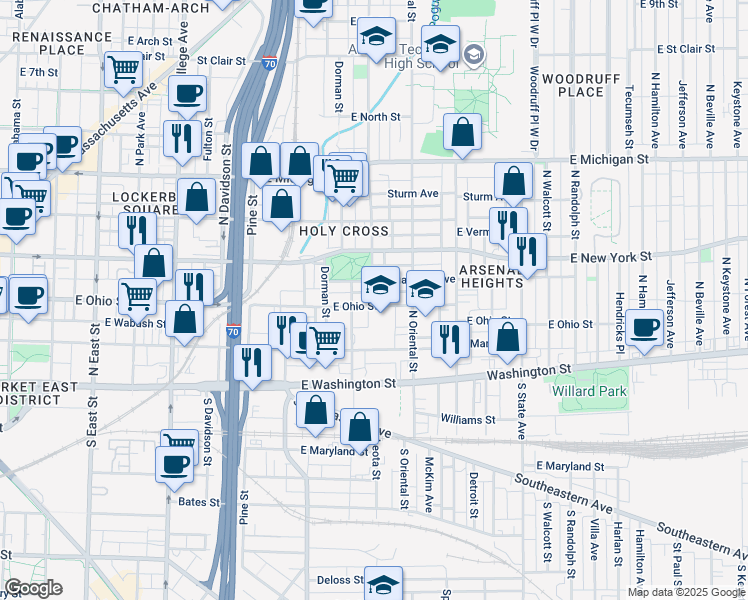 map of restaurants, bars, coffee shops, grocery stores, and more near 1215 East Ohio Street in Indianapolis