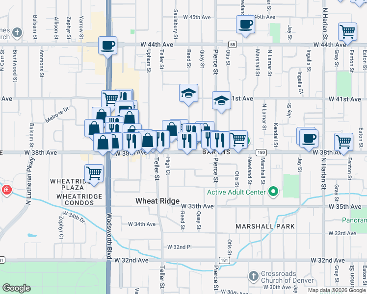 map of restaurants, bars, coffee shops, grocery stores, and more near 7015 West 38th Avenue in Wheat Ridge