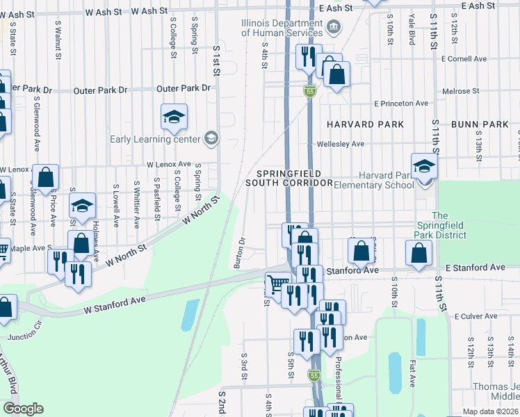 map of restaurants, bars, coffee shops, grocery stores, and more near 2562 Burton Drive in Springfield