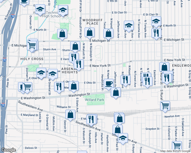 map of restaurants, bars, coffee shops, grocery stores, and more near 226 Parkview Avenue in Indianapolis
