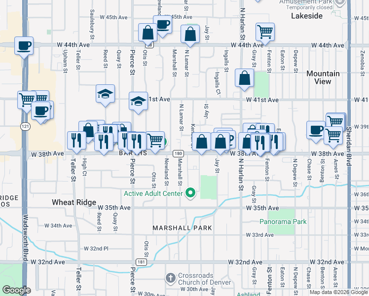 map of restaurants, bars, coffee shops, grocery stores, and more near 6303 County Road 180 in Wheat Ridge