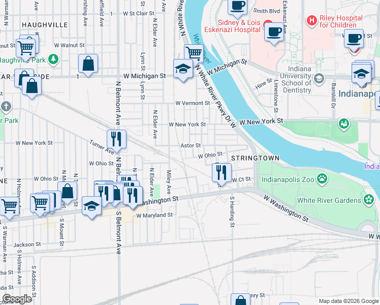 map of restaurants, bars, coffee shops, grocery stores, and more near 1648 West Ohio Street in Indianapolis
