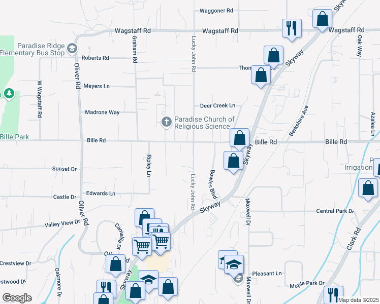 map of restaurants, bars, coffee shops, grocery stores, and more near 6249 Lucky John Road in Paradise