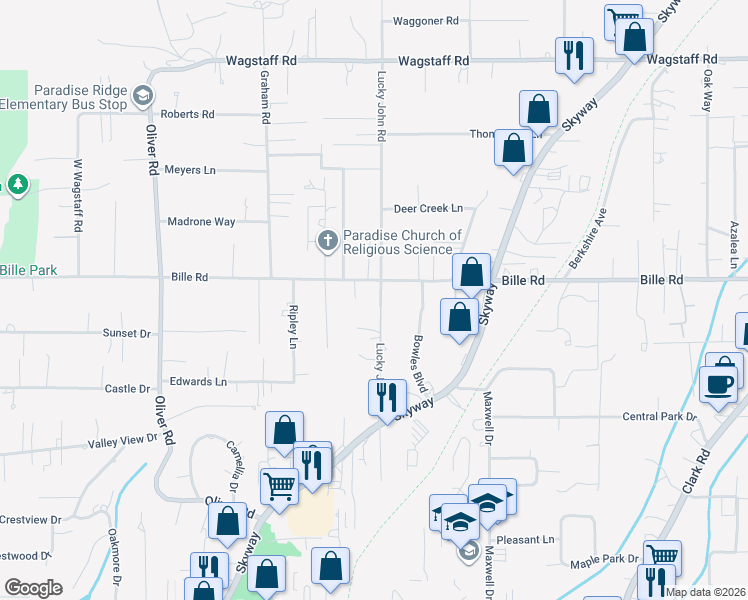 map of restaurants, bars, coffee shops, grocery stores, and more near 6230 Lucky John Road in Paradise