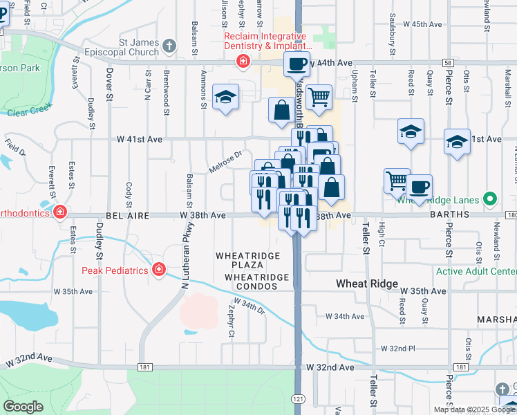 map of restaurants, bars, coffee shops, grocery stores, and more near 7809 County Road 180 in Wheat Ridge
