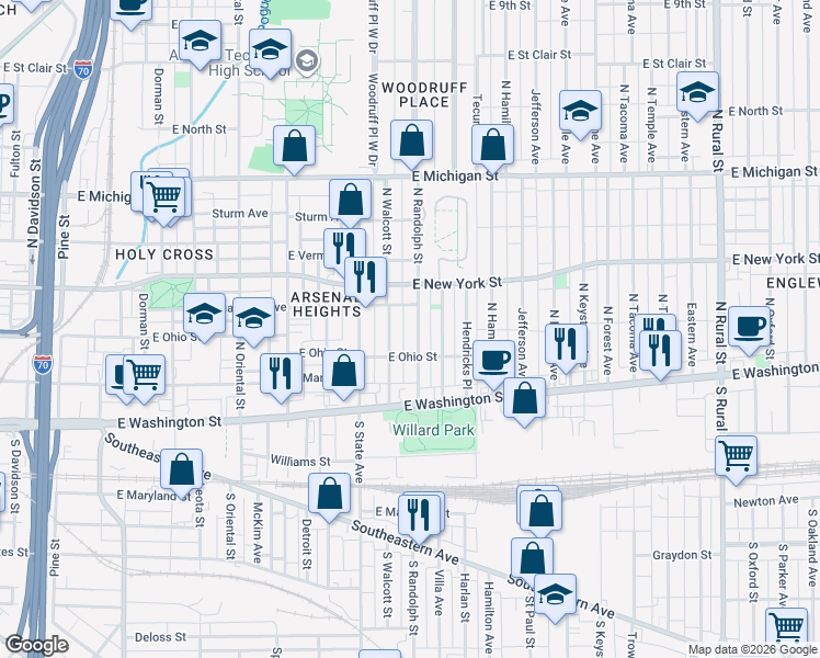 map of restaurants, bars, coffee shops, grocery stores, and more near 216 North Randolph Street in Indianapolis