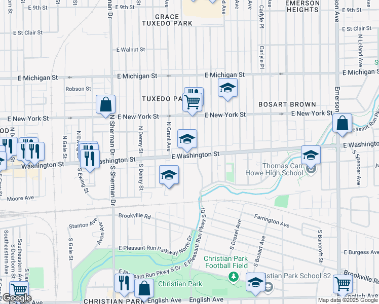 map of restaurants, bars, coffee shops, grocery stores, and more near 4214 East Washington Street in Indianapolis