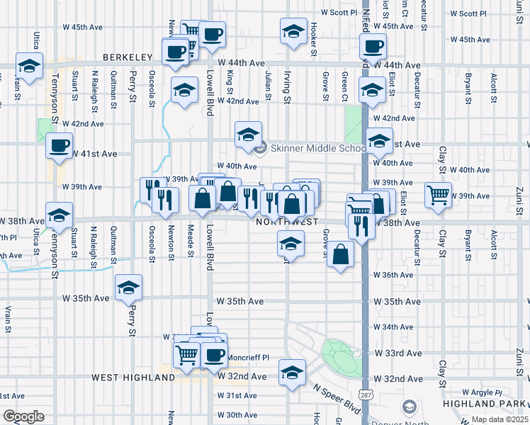 map of restaurants, bars, coffee shops, grocery stores, and more near 3355 West 38th Avenue in Denver