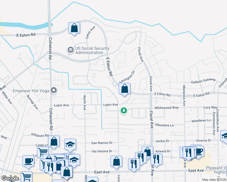 map of restaurants, bars, coffee shops, grocery stores, and more near 2754 Ceres Avenue in Chico