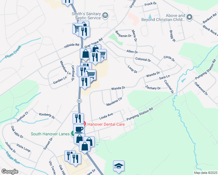 map of restaurants, bars, coffee shops, grocery stores, and more near 1445 Wanda Drive in Hanover