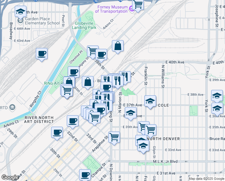 map of restaurants, bars, coffee shops, grocery stores, and more near 3702 Walnut Street in Denver