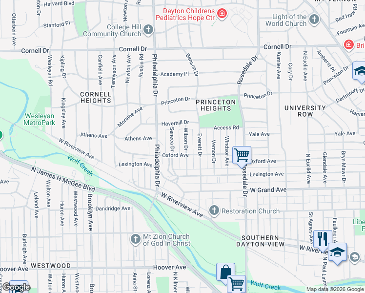 map of restaurants, bars, coffee shops, grocery stores, and more near 1217 Wilson Drive in Dayton