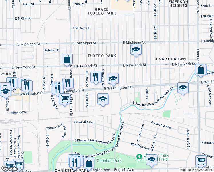 map of restaurants, bars, coffee shops, grocery stores, and more near 4114 East Washington Street in Indianapolis