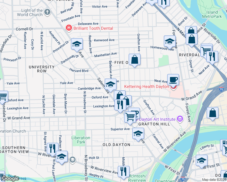 map of restaurants, bars, coffee shops, grocery stores, and more near 627 Salem Avenue in Dayton