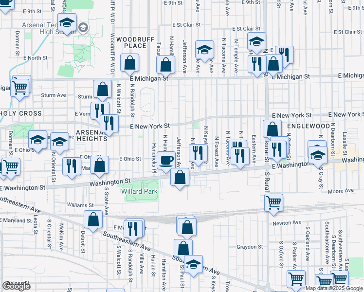 map of restaurants, bars, coffee shops, grocery stores, and more near 203 Jefferson Avenue in Indianapolis