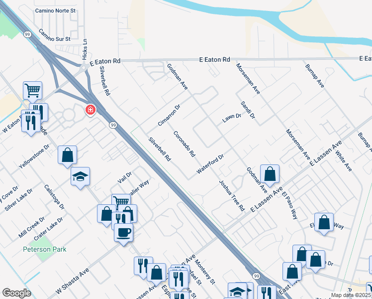 map of restaurants, bars, coffee shops, grocery stores, and more near 3087 Coronado Road in Chico