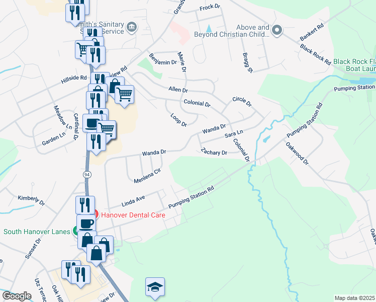 map of restaurants, bars, coffee shops, grocery stores, and more near 1394 Wanda Drive in Hanover