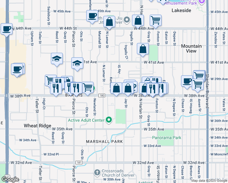 map of restaurants, bars, coffee shops, grocery stores, and more near 6275 West 38th Avenue in Wheat Ridge
