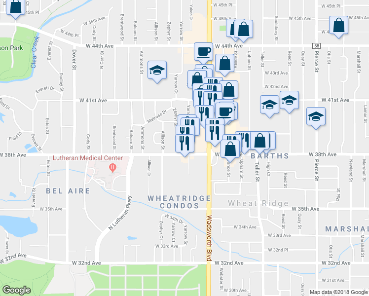 map of restaurants, bars, coffee shops, grocery stores, and more near 7837 West 38th Avenue in Wheat Ridge