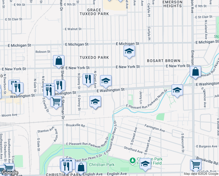 map of restaurants, bars, coffee shops, grocery stores, and more near 4224 East Washington Street in Indianapolis