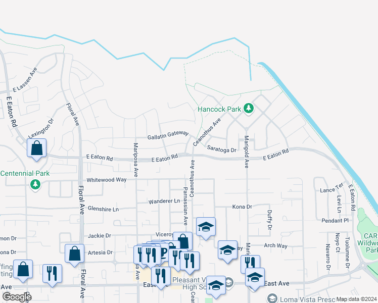 map of restaurants, bars, coffee shops, grocery stores, and more near 3002 Grasshopper Creek Way in Chico